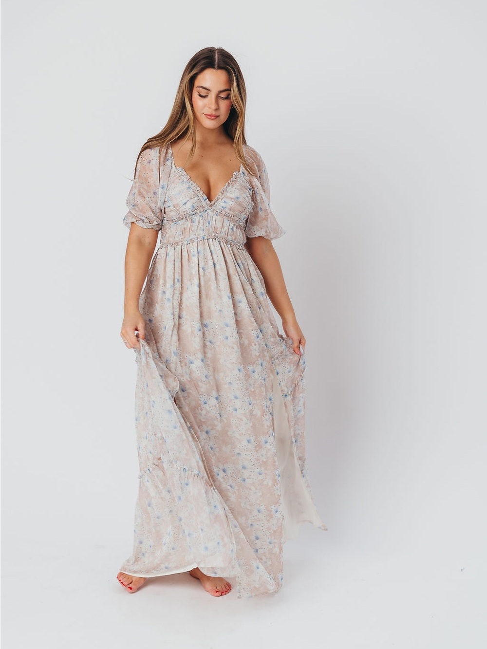Worth Collective Daphne Floral Maxi Dress in Dusty Pink/Blue - Bump Friendly